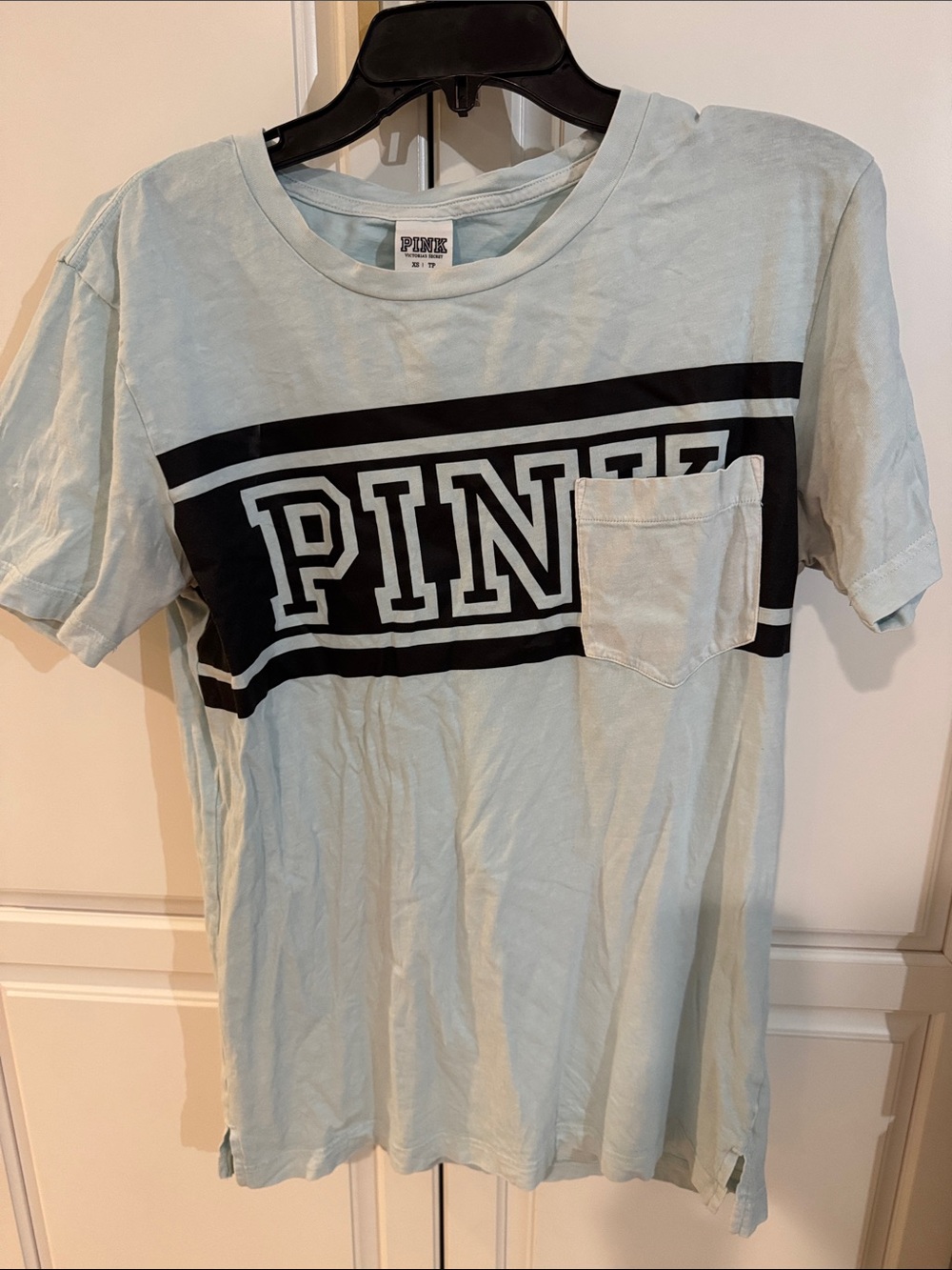 PINK Victoria's Secret Light Blue Tee with Black Logo and Pocket